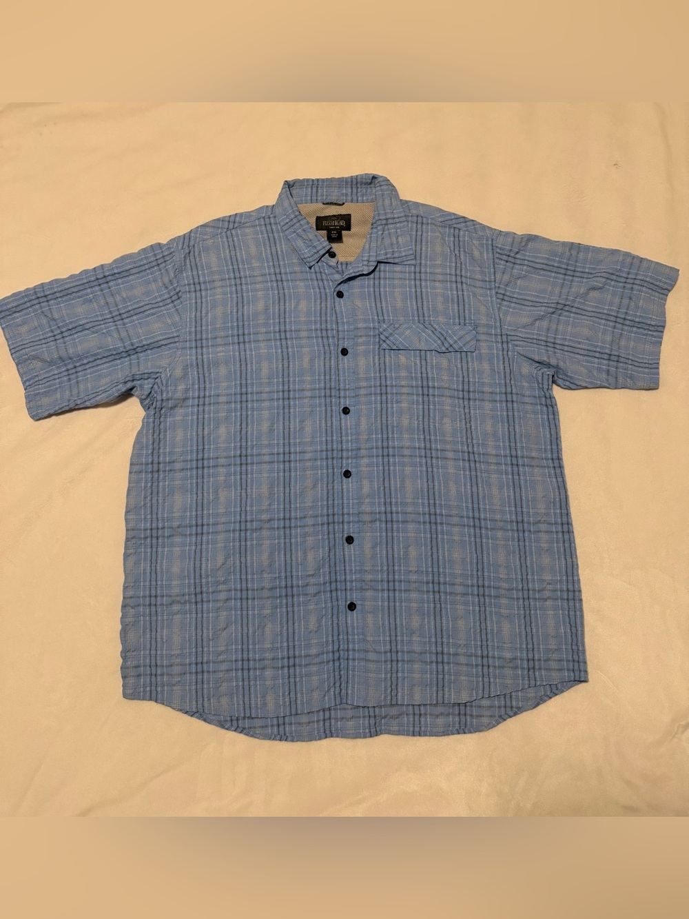 Men's 2XL Blue Plaid Short Sleeve Button Front Fishing Shirt Lightweight Rayon